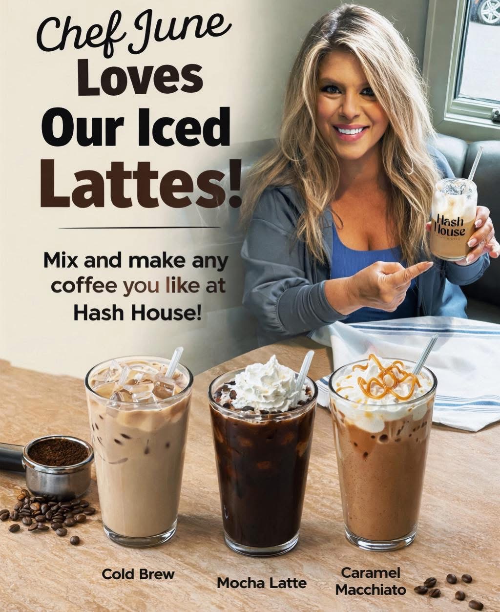 Chef June with an iced latte, beside cold brew, mocha latte and caramel macchiato